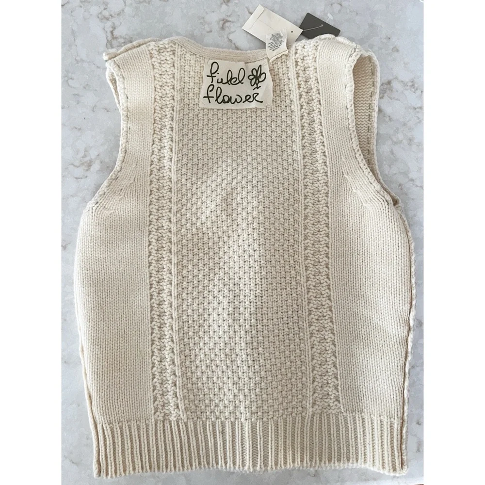 Anthropologie Field Flower Ivory Knit Button-Up Square-Neck Vest Medium NWT